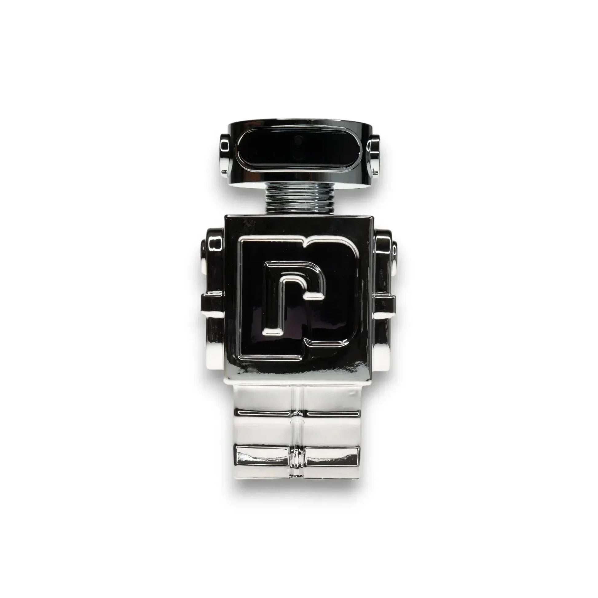 Silberner Flakon in Roboterform, Herrenduft, modernes Parfum Design auf weißem Hintergrund