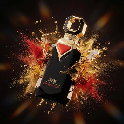 Luxuriöses Parfumflakon mit goldenen Details, Farbexplosion im Hintergrund, exklusiver Duft