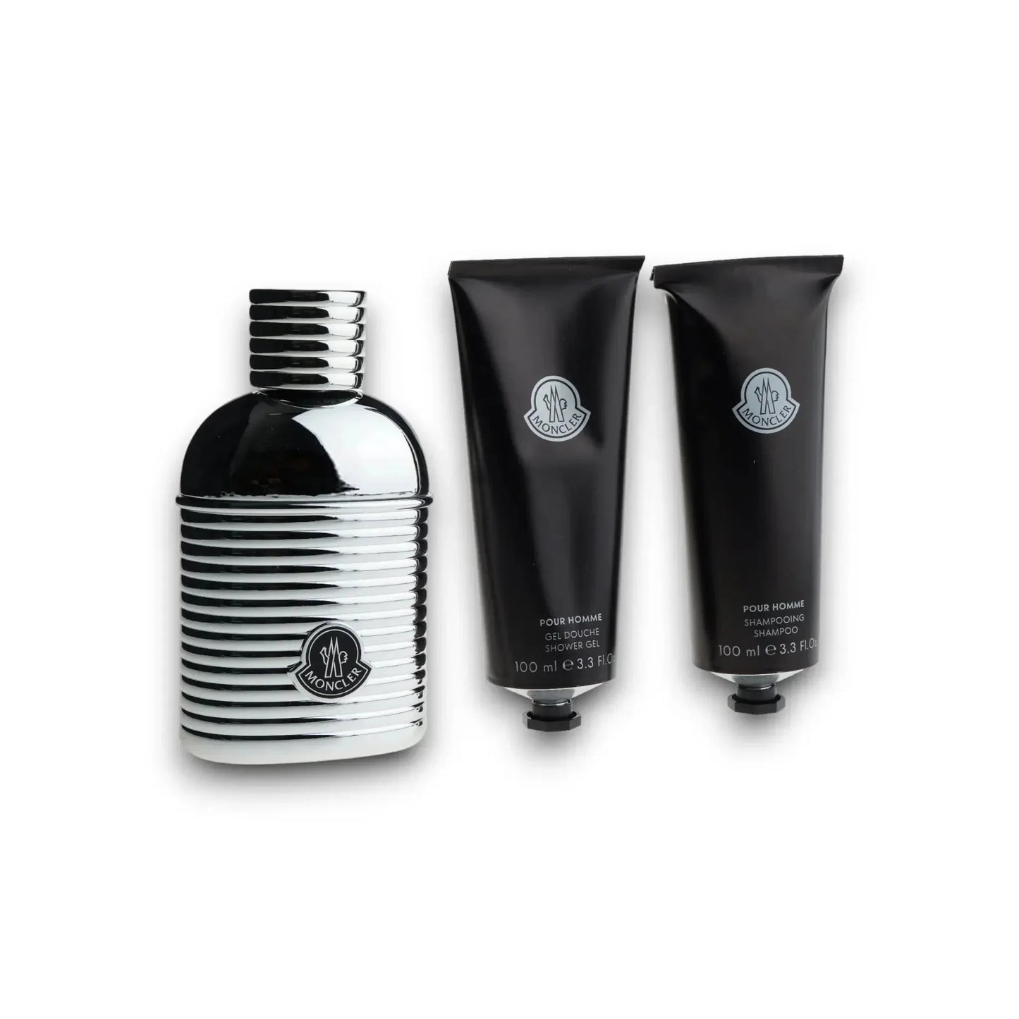 Duftset für Herren mit silbernem Parfumflakon, Duschgel und Shampoo, Moncler Logo sichtbar