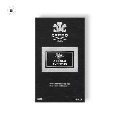 Schwarze Parfumverpackung mit weißem Reliefmuster, Aufschrift Absolu Aventus, 100 ml