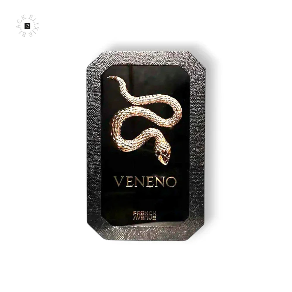 Schwarzer Flakon von French Avenue Veneno mit goldener Schlange auf der Vorderseite.