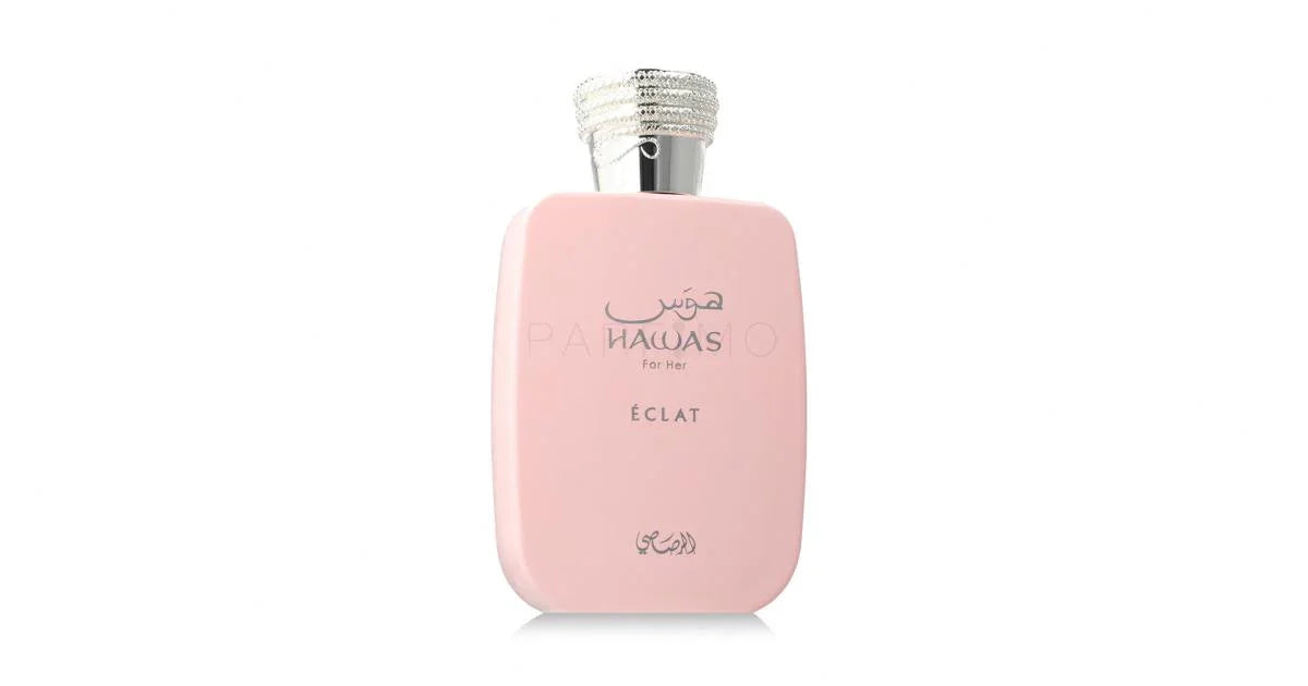Rosa Parfümflasche Hawas Éclat for Her, exklusives Damenparfum, 100 ml, vor weißem Hintergrund