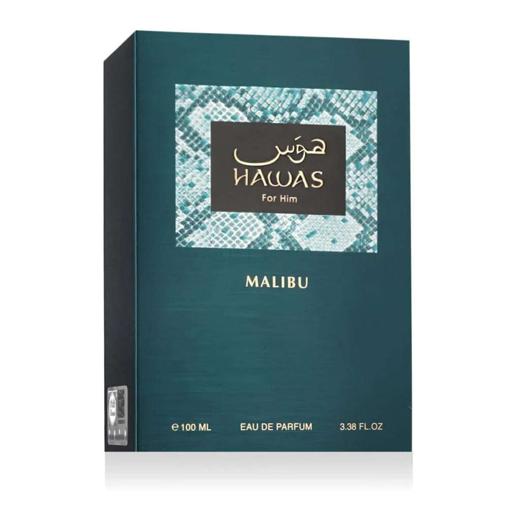 Hawas Malibu Eau de Parfum 100ml Herrenduft in eleganter, türkis-goldener Verpackung