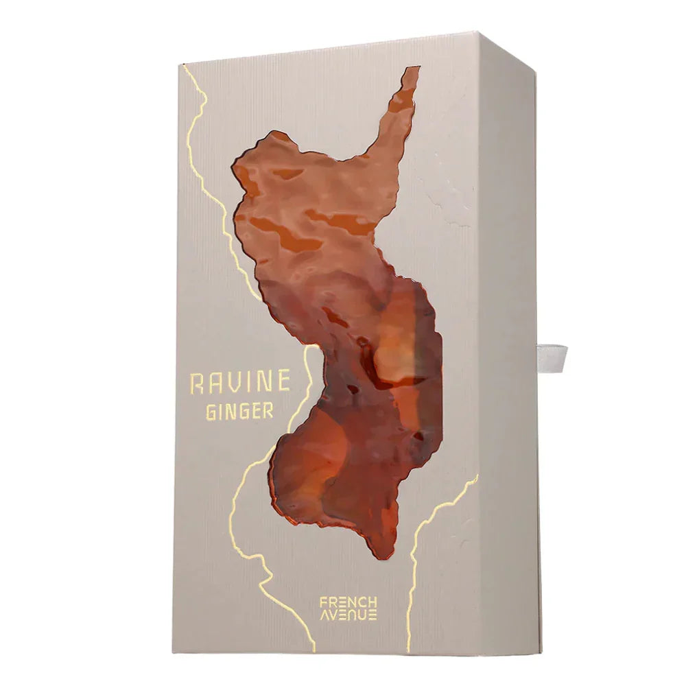 Parfümverpackung Ravine Ginger mit modernem Design und goldener Prägung, Unisex Duft