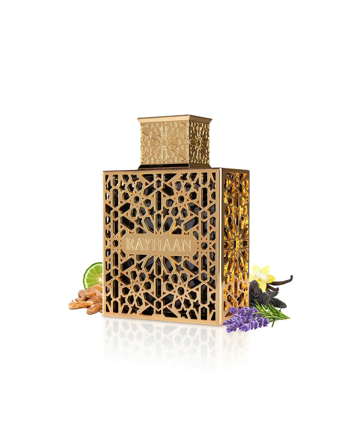 Luxus Parfumflakon mit goldenen Ornamenten, umgeben von Lavendel, Vanille und Limette