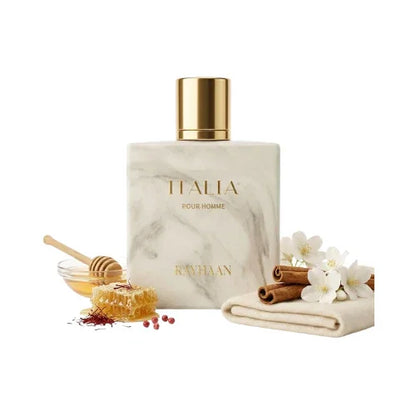 Luxus Herrenparfumflasche mit goldener Kappe, umgeben von Honig, Zimt, Blüten und Stoff