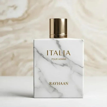 Luxuriöses Herrenparfum in Marmorflakon, goldene Aufschrift, eleganter Hintergrund