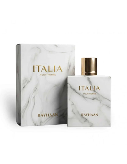 Edles Parfumflakon und Verpackung mit Marmoroptik, goldener Schrift 'Italia Pour Homme Rayhaan'.