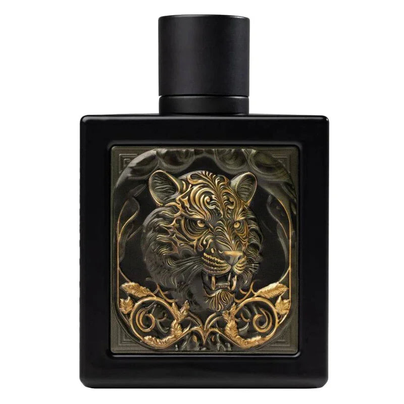 Schwarzer Parfumflakon mit goldenem Tiger-Motiv für Herren-Duft, luxuriöses Design