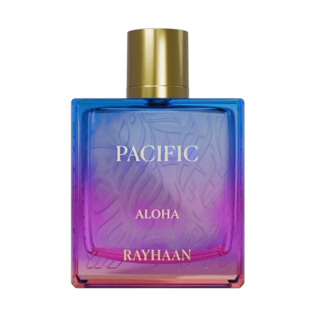 Pacific Aloha Parfüm von Rayhaan, luxuriöser Duft mit blau-lila Flasche und goldenem Verschluss