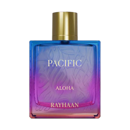 Pacific Aloha Parfüm von Rayhaan, luxuriöser Duft mit blau-lila Flasche und goldenem Verschluss