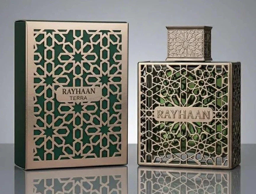 Rayhaan Terra Unisex Parfum 100 ml, luxuriöses Parfum in grüner Flasche mit orientalischem Muster
