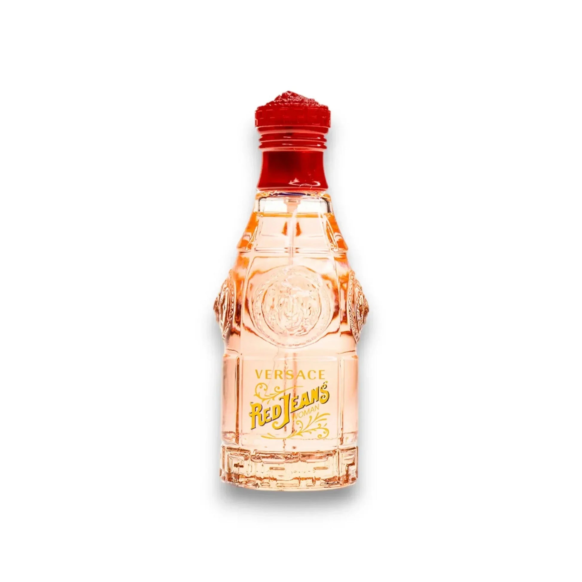 Rosa Glasflakon Versace Red Jeans Eau de Toilette Damenparfum mit rotem Verschluss