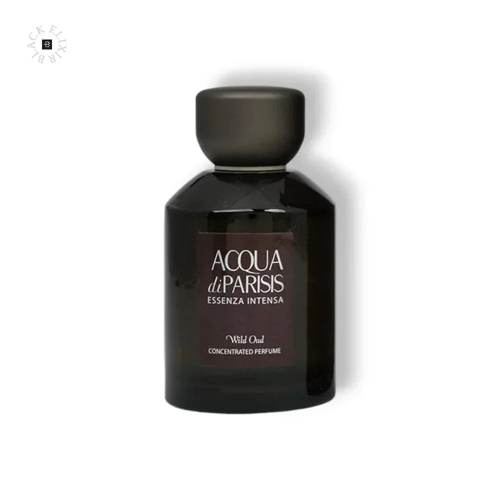 Schwarzer Acqua di Parisis Wild Oud Parfümflakon auf weißem Hintergrund, luxuriöses Eau de Parfum.