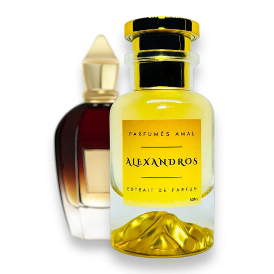 Zwei luxuriöse Parfümflakons von Parfumes Amal, im Vordergrund die gelbe Alexandros Extrait de Parfum Flasche.