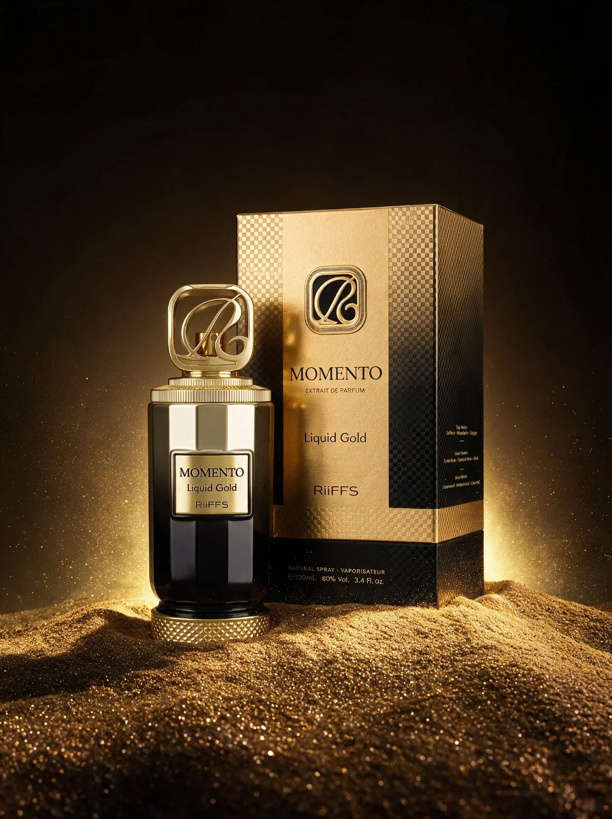 Riiffs Momento Liquid Gold Extrait de Parfum Flakon und Verpackung auf goldenem Glitzergrund
