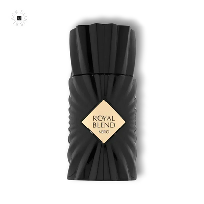 Schwarzer, luxuriöser Parfumflakon Royal Blend Nero auf schwarzem Hintergrund.