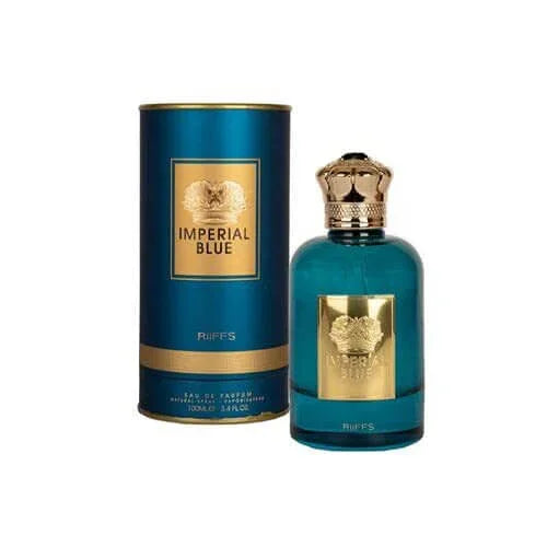 Blauer Luxusparfumflakon mit goldener Krone und goldener Verpackung, Duft für Herren