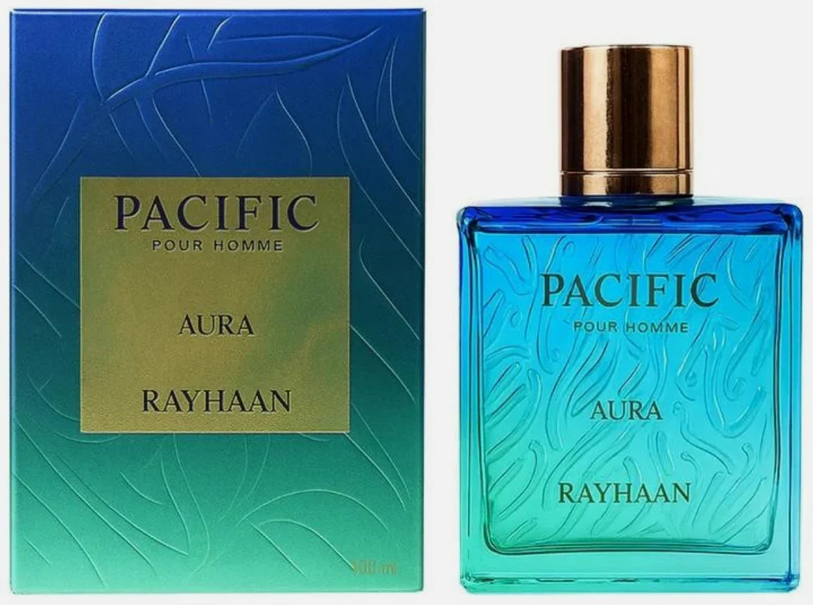 Herrenparfum Pacific Pour Homme Aura Rayhaan, blauer Flakon mit goldener Kappe, Verpackung daneben
