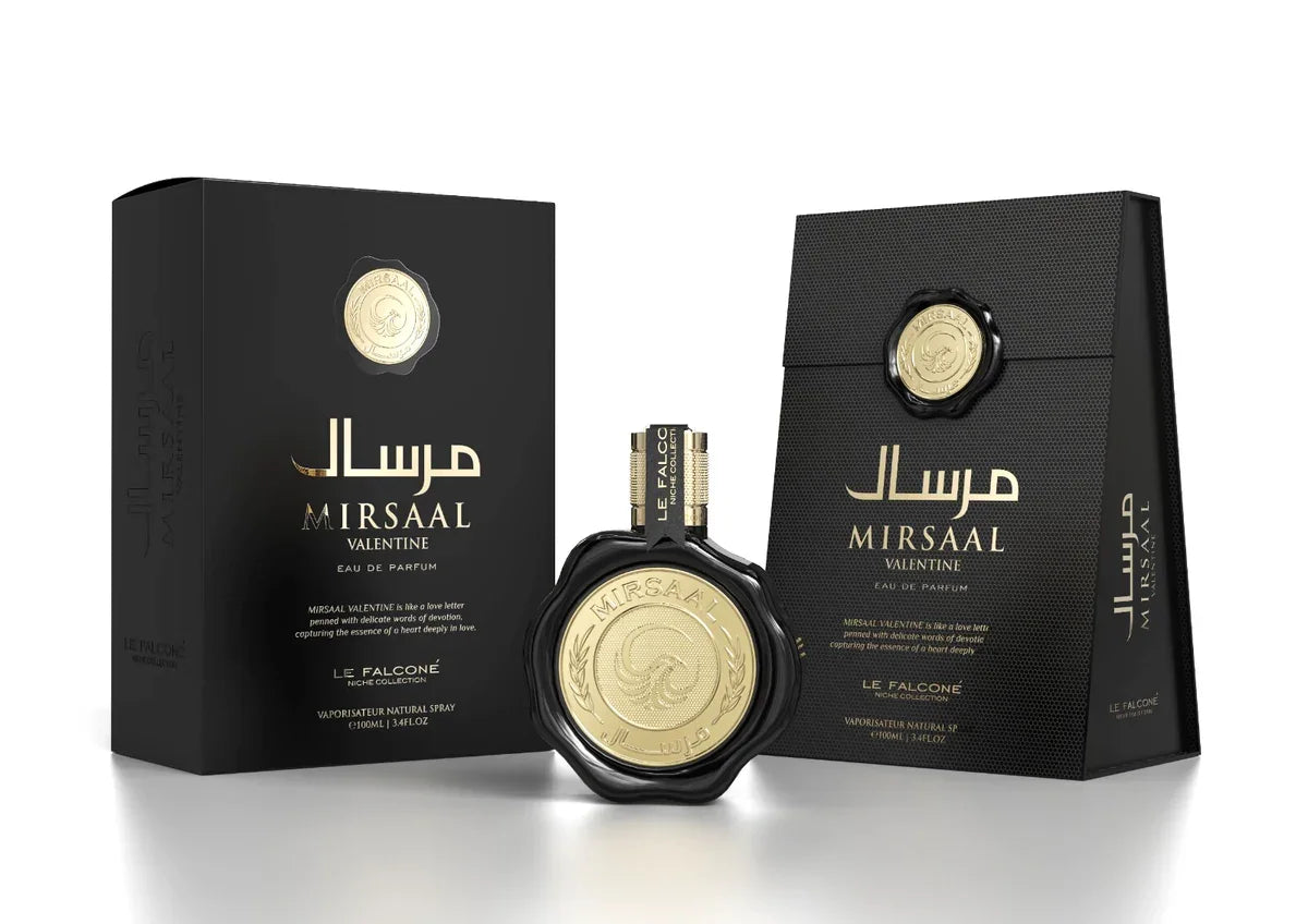 Luxuriöses Parfum Mirsal Valentine Eau de Parfum in schwarzer Verpackung mit goldenen Akzenten
