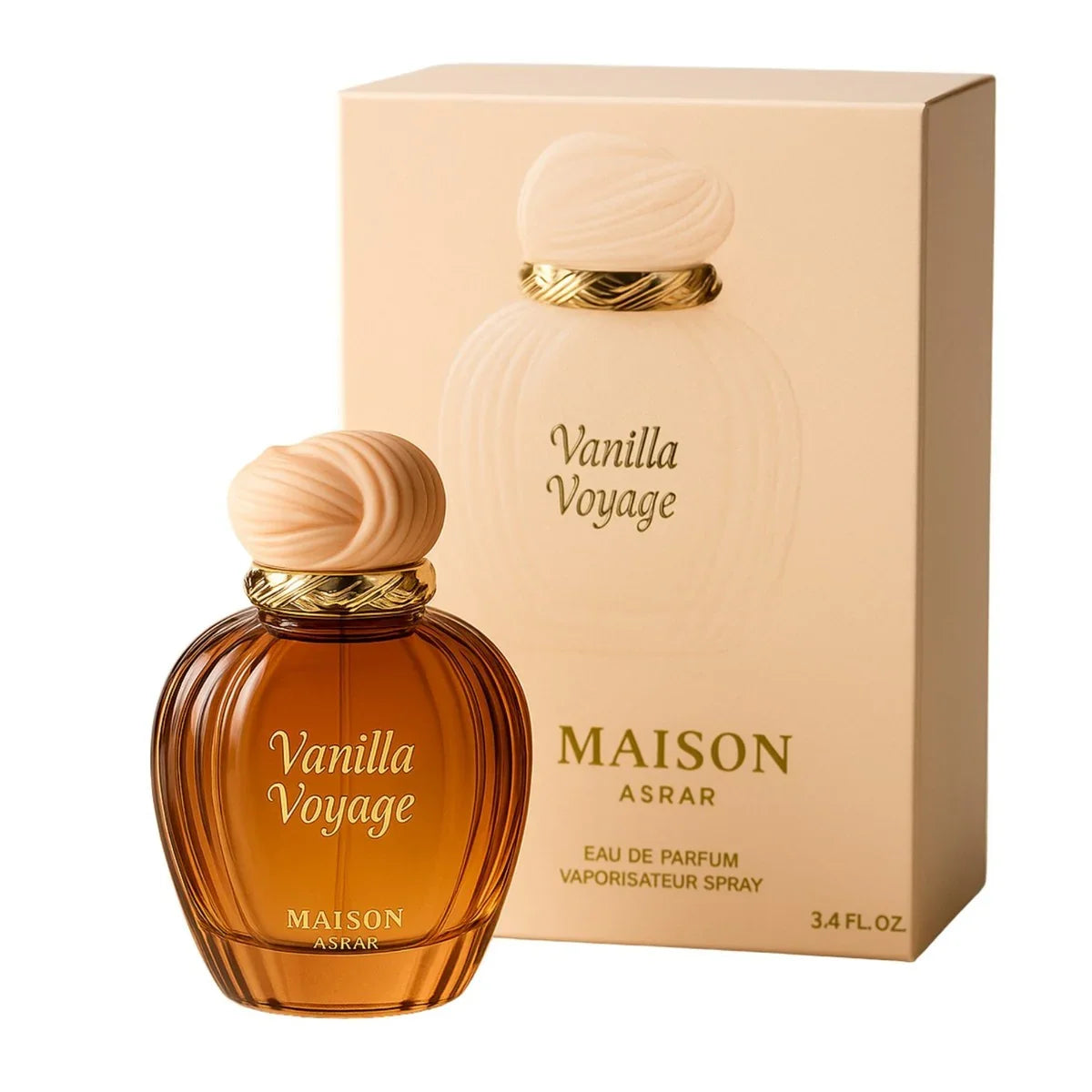 Vanilla Voyage Parfümflakon und Verpackung, luxuriöser Damenduft, Eau de Parfum