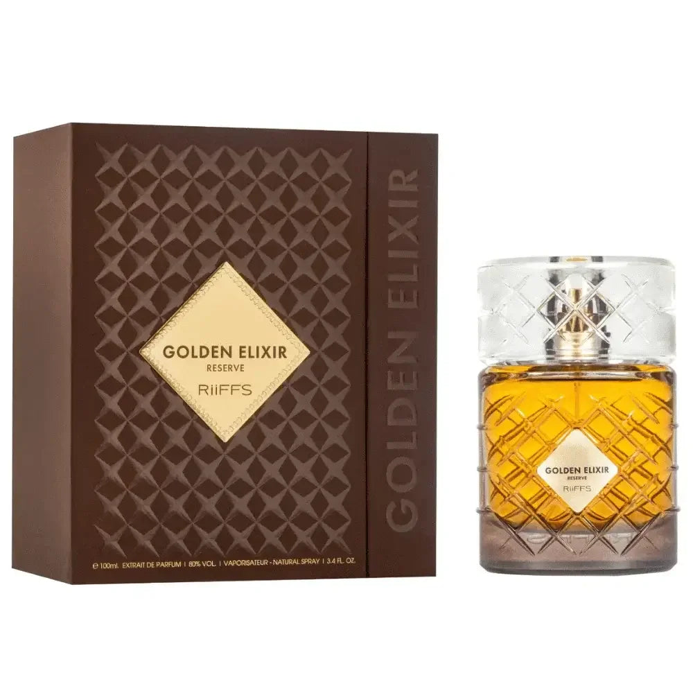 Edles Parfum RiiFFS Golden Elixir Reserve mit luxuriöser Verpackung und Kristallflakon