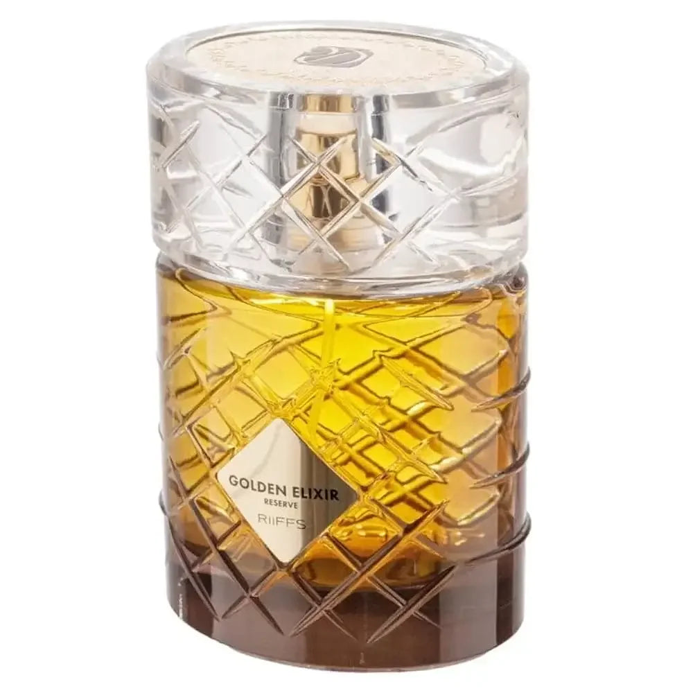 Luxusparfum Golden Elixir Reserve Flakon mit goldener Flüssigkeit und elegantem Design