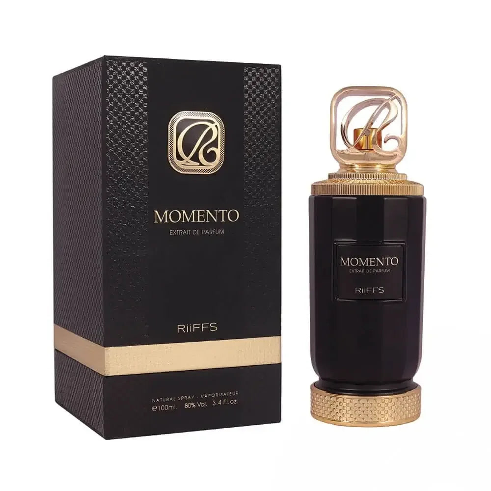 Luxusparfum Momento Extrait de Parfum RiiFFS in edler schwarzer Flasche mit goldenen Akzenten und passender Box