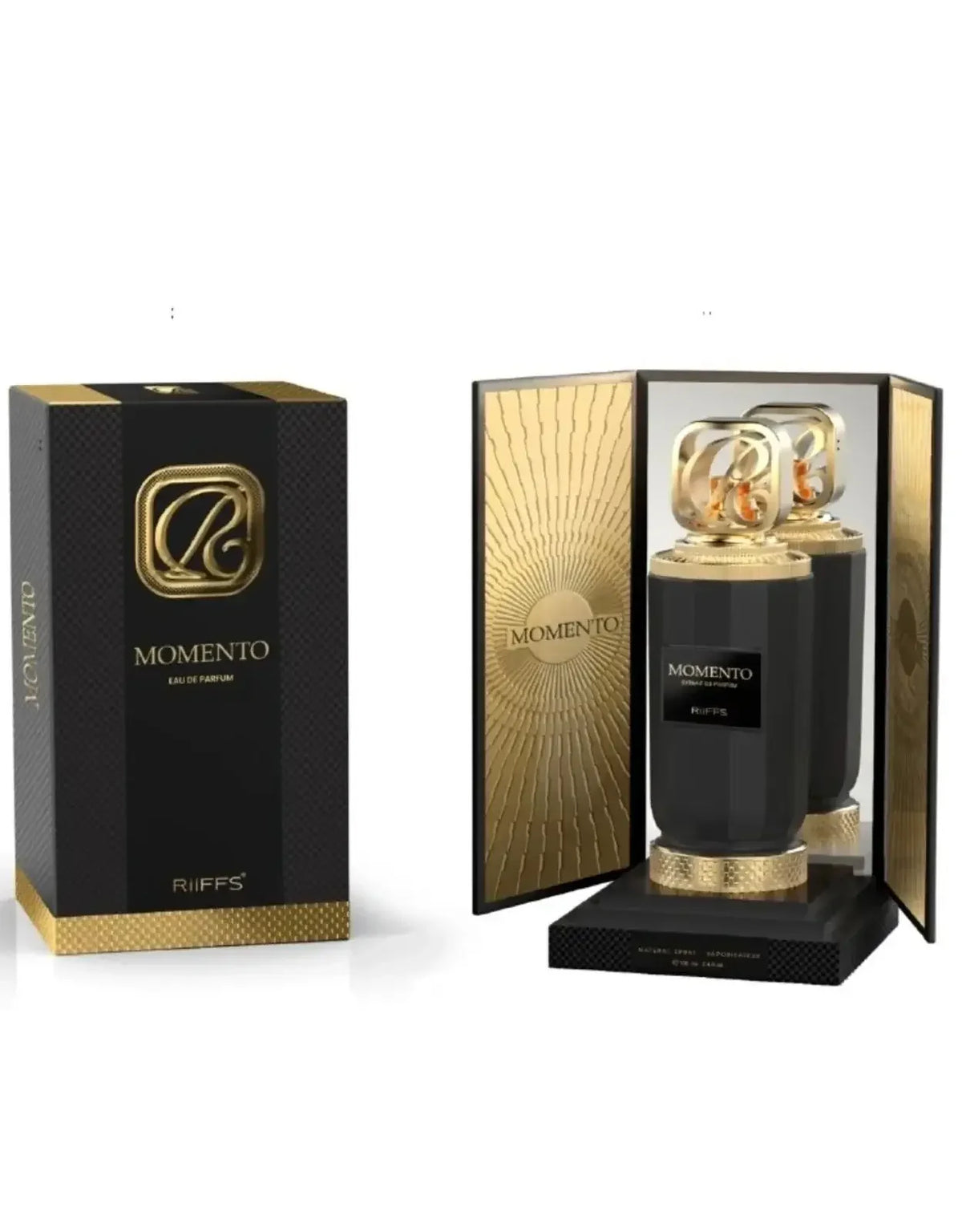 Luxusparfum MOMENTO von RiiFFS in schwarz-goldener Verpackung, Flakon hochglanz, elegant.