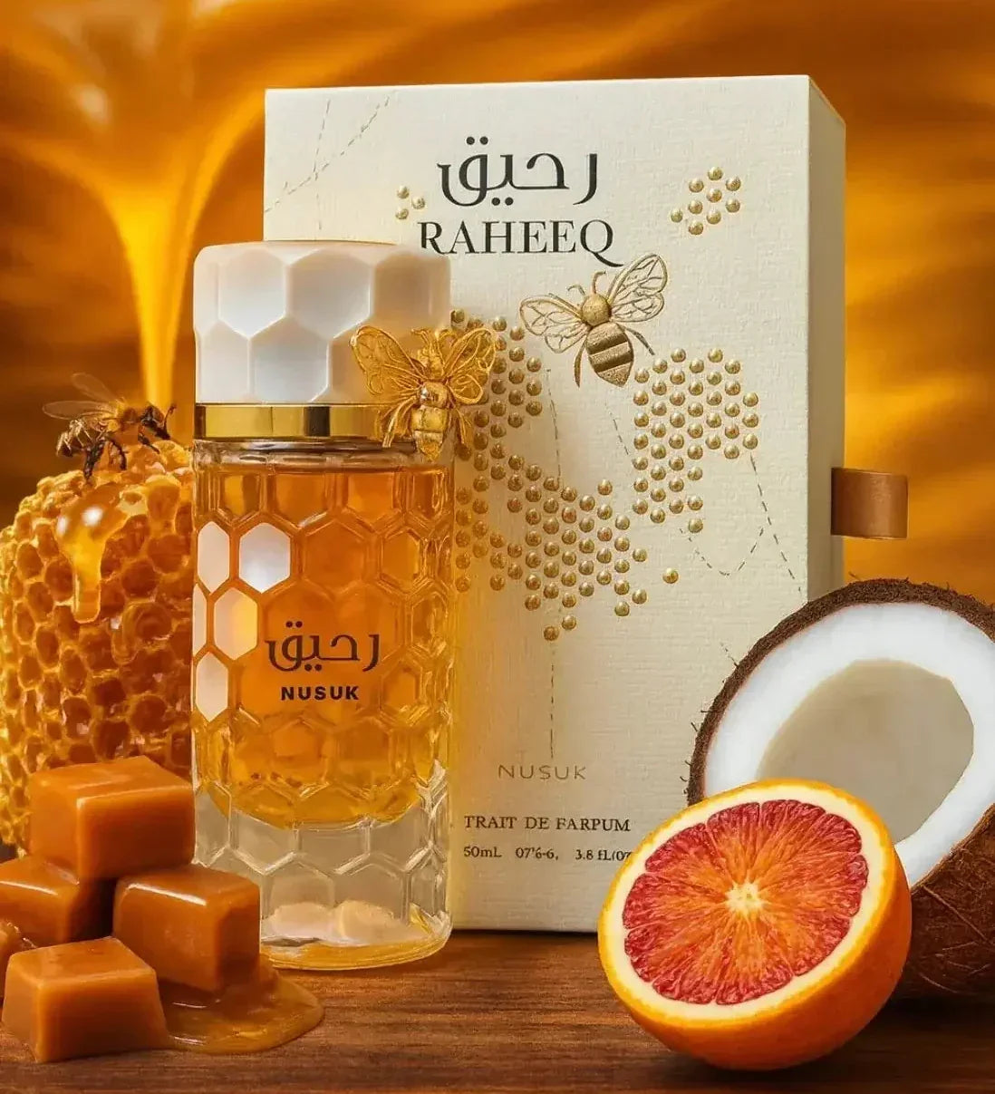 Luxusparfum Flakon mit Honigwabe, Karamell, Kokosnuss und Blutorange, Bienenmotiv