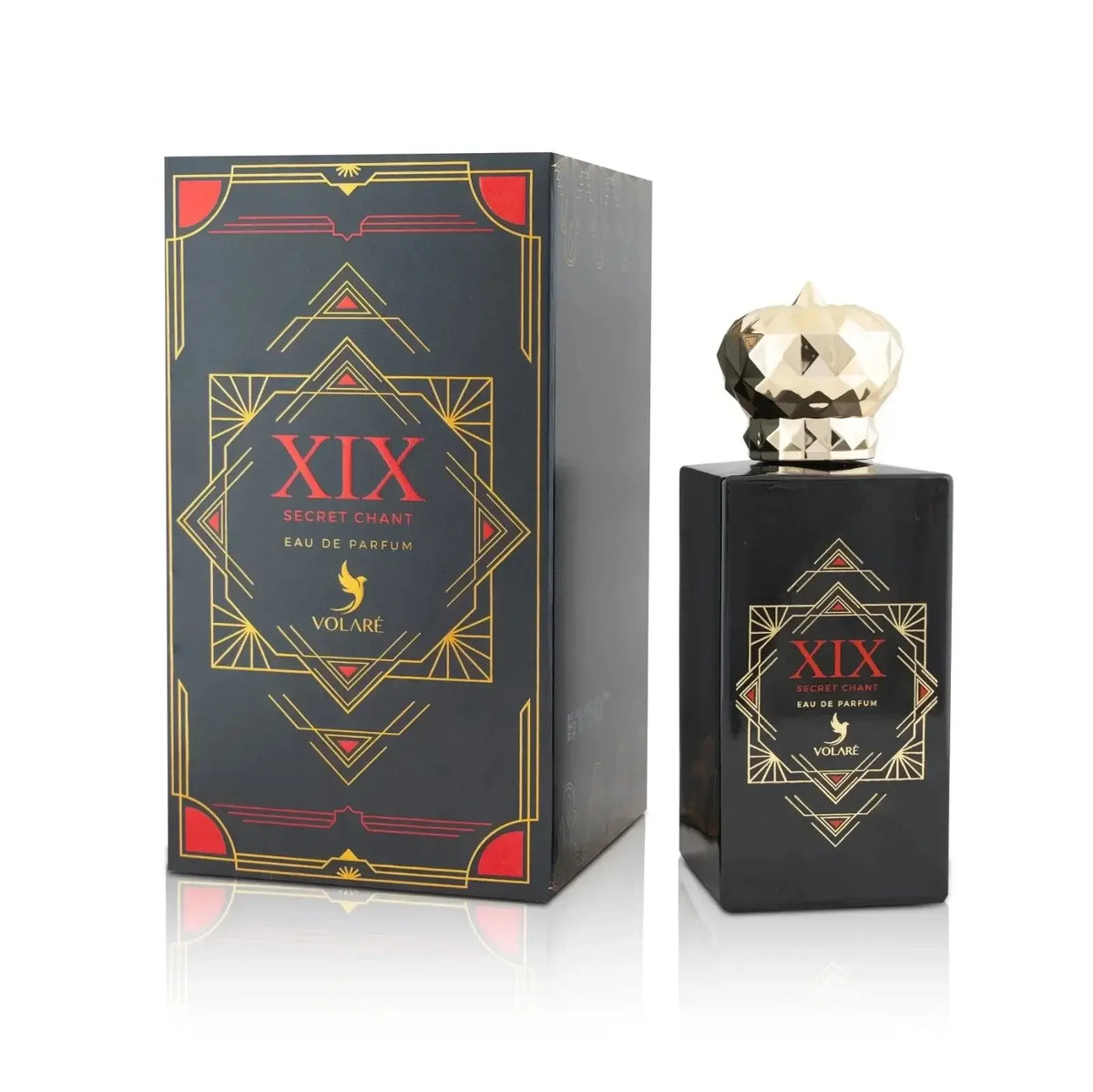 Luxusparfum Flakon und Verpackung, schwarz-gold, XIX Secret Chant Eau de Parfum, elegant gestaltet