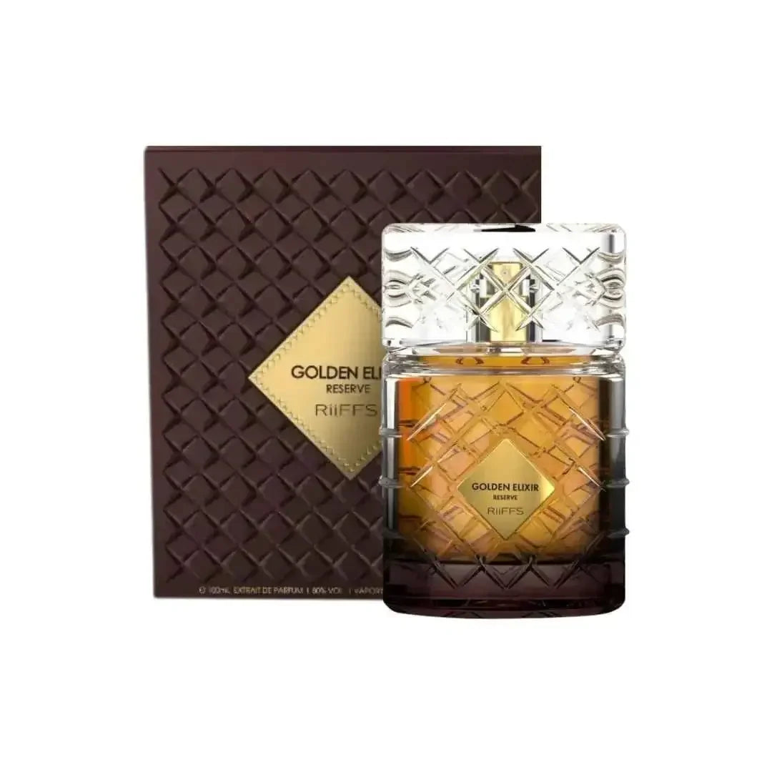 Luxusparfum Golden Elixir Reserve von Riiffs in edlem Flakon vor Designerbox