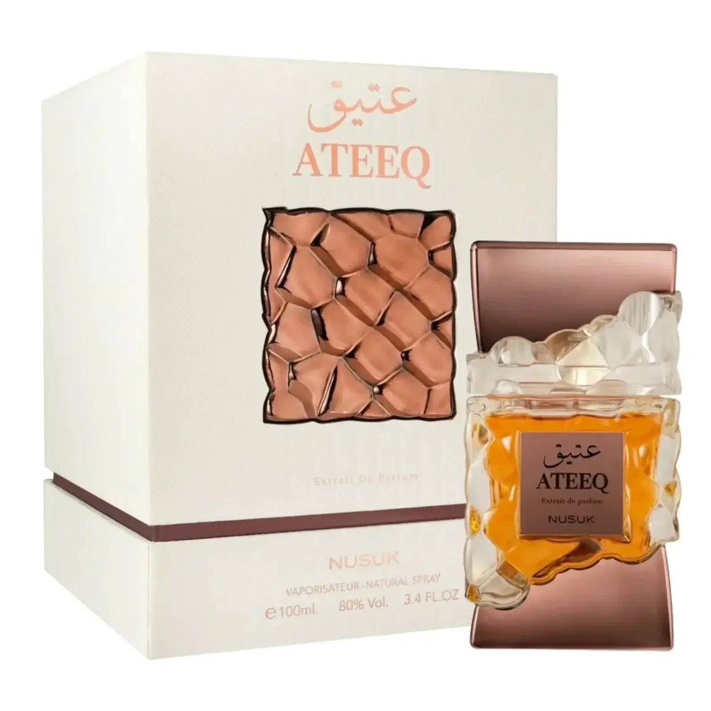 Luxusparfum ATEEQ NUSUK Extrait de Parfum in elegantem Flakon vor passender Box
