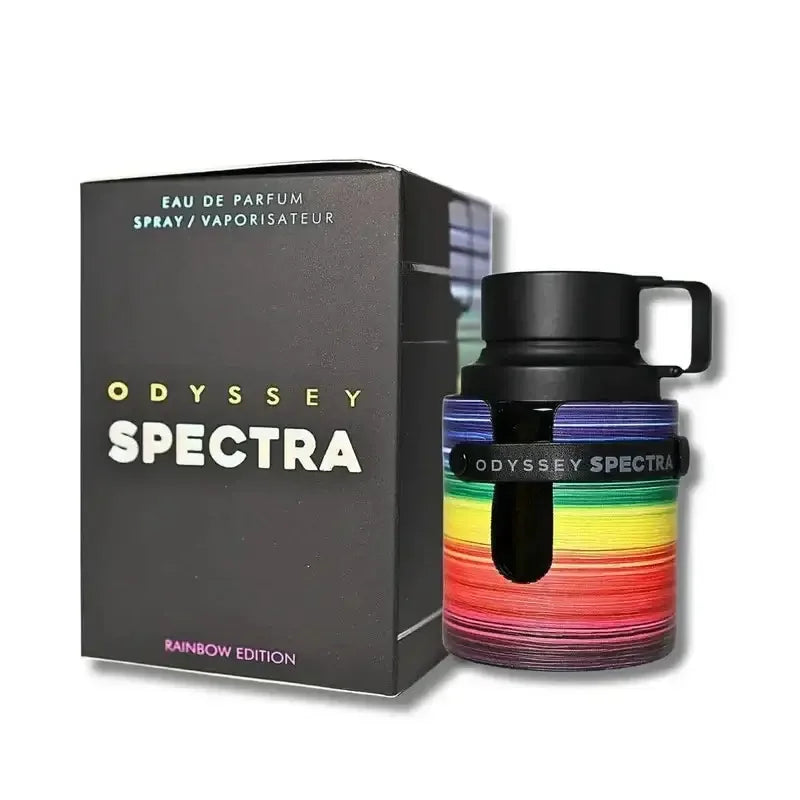 Odyssey Spectra Eau de Parfum Rainbow Edition, bunter Flakon neben Parfümverpackung, Unisex-Duft