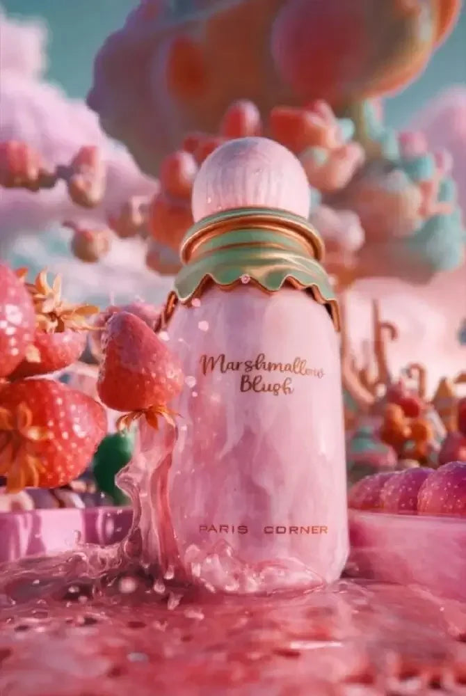 Parfümflasche Marshmallow Blush mit rosa Design, umgeben von Erdbeeren und cremigen Elementen