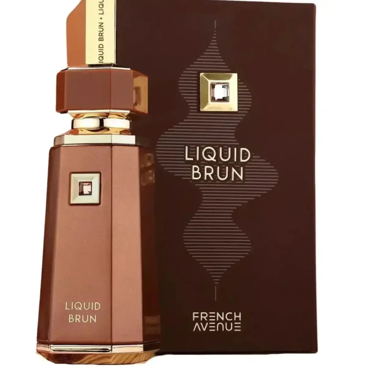 Luxusparfum Liquid Brun von French Avenue, brauner Flakon mit goldenen Akzenten vor Verpackung