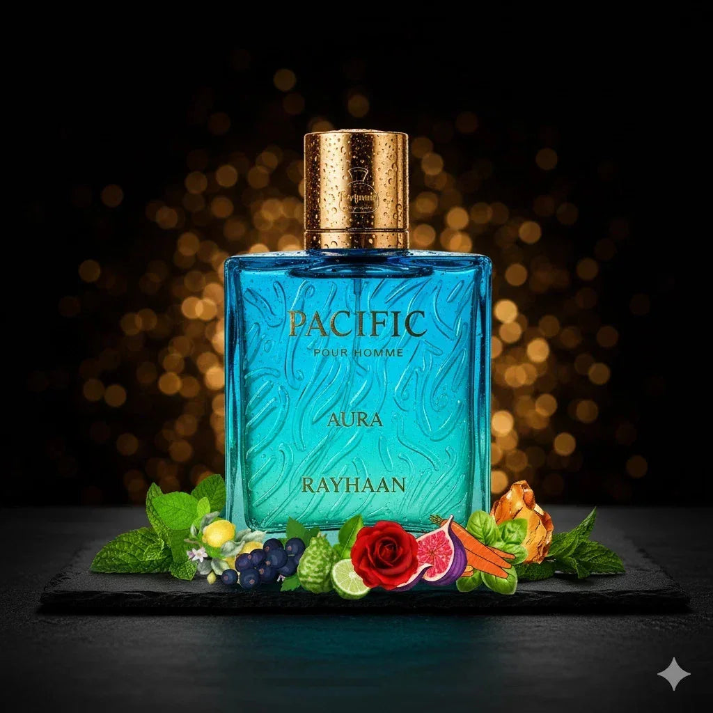 Luxus Herrenparfum Pacific Aura Rayhaan in blauem Flakon, umgeben von frischen Früchten, Gewürzen und Blumen, auf schwarzem Hintergrund.