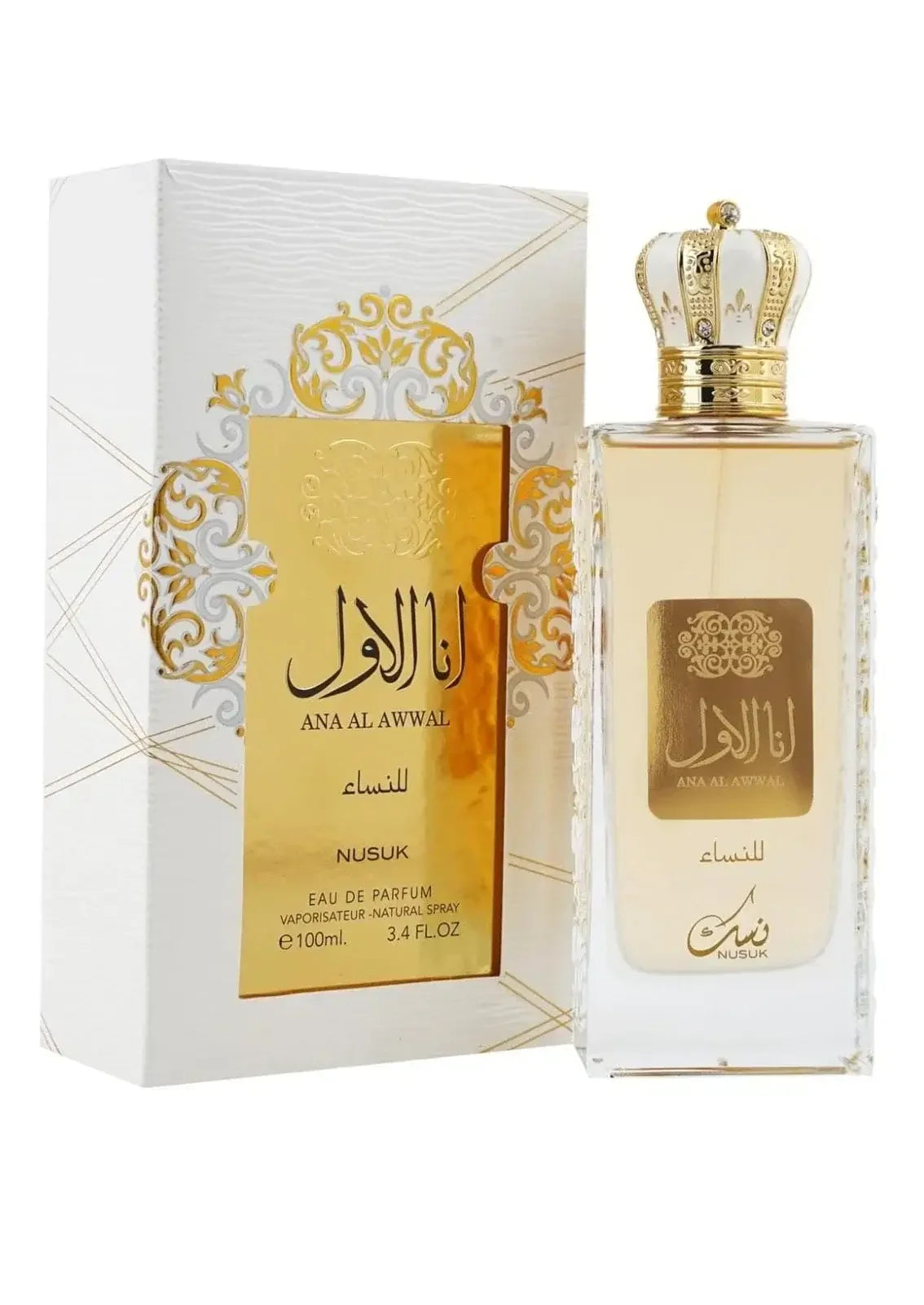 Luxus Damenparfum Nusuk Ana Al Awwal 100ml mit goldener Box und verziertem Flakon