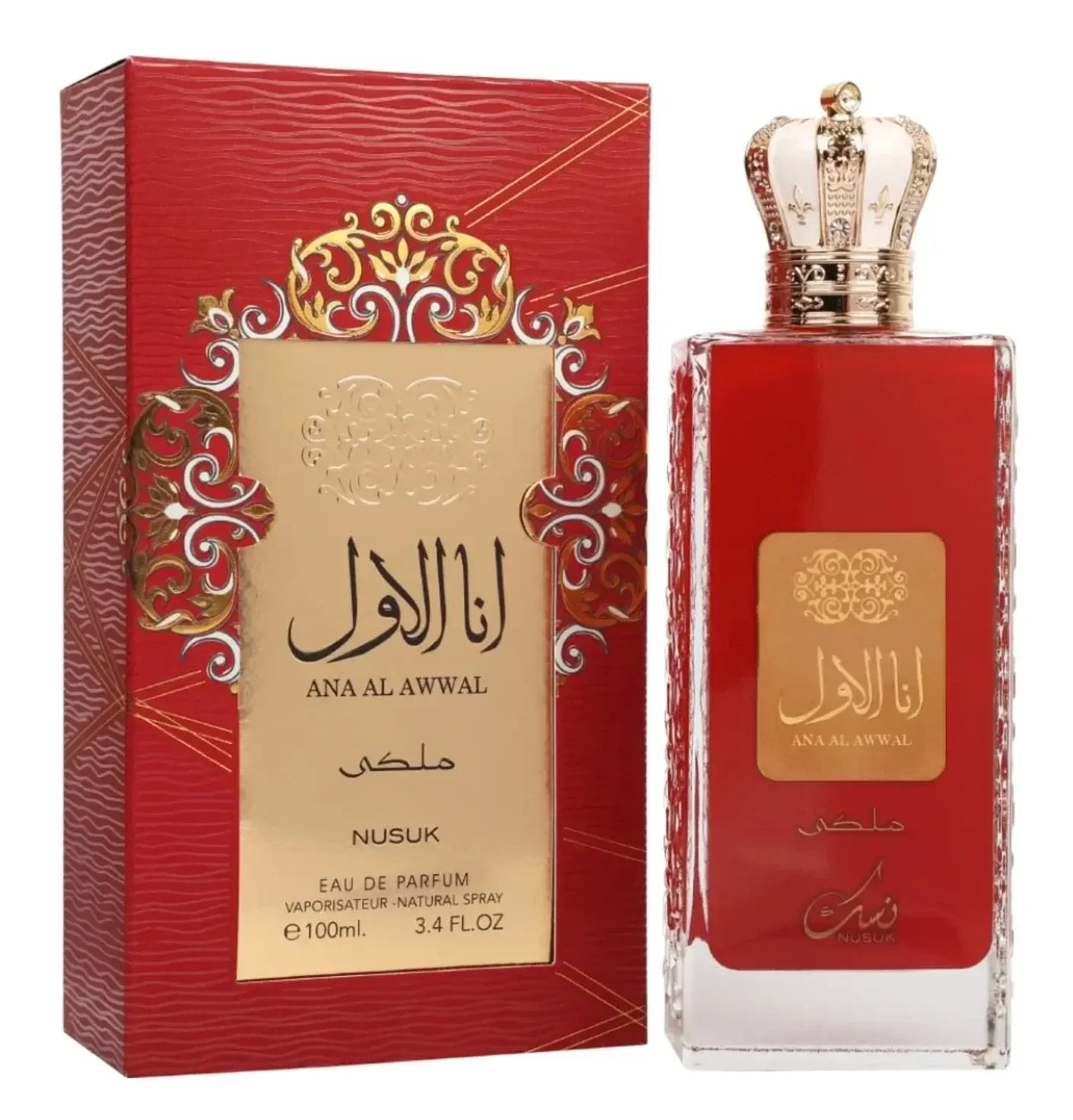 Luxusparfum Ana Al Awwal von Nusuk, rote Flasche mit goldener Krone und passender Verpackung