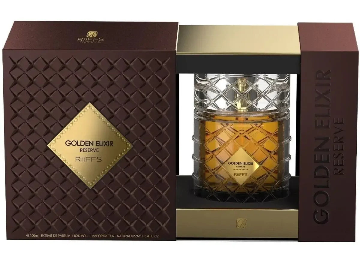 Luxusparfum Flakon und Verpackung, RiiFFS Golden Elixir Reserve, edles Design, Unisex Duft