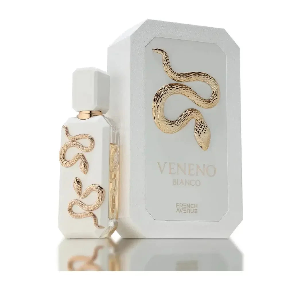 Luxusparfum Veneno Bianco mit goldener Schlange, eleganter Flakon und Verpackung in Weiß