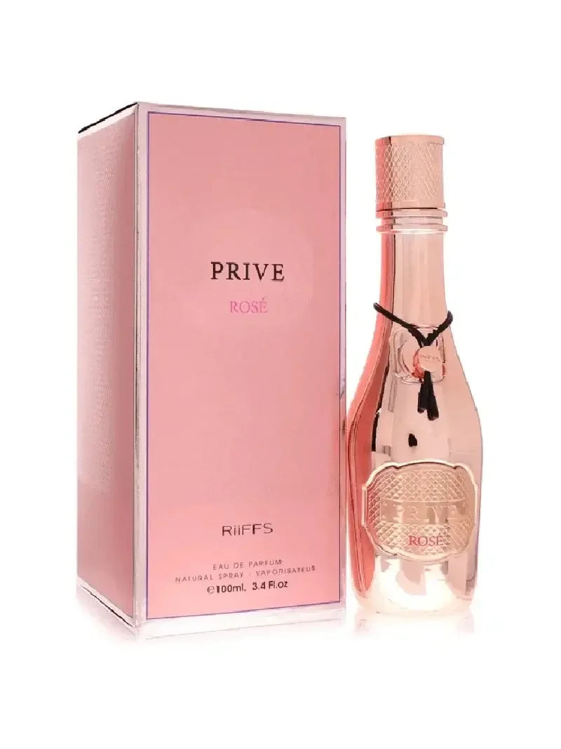 Prive Rose Eau de Parfum Flakon und rosafarbene Parfumverpackung, luxuriöses Damenparfum