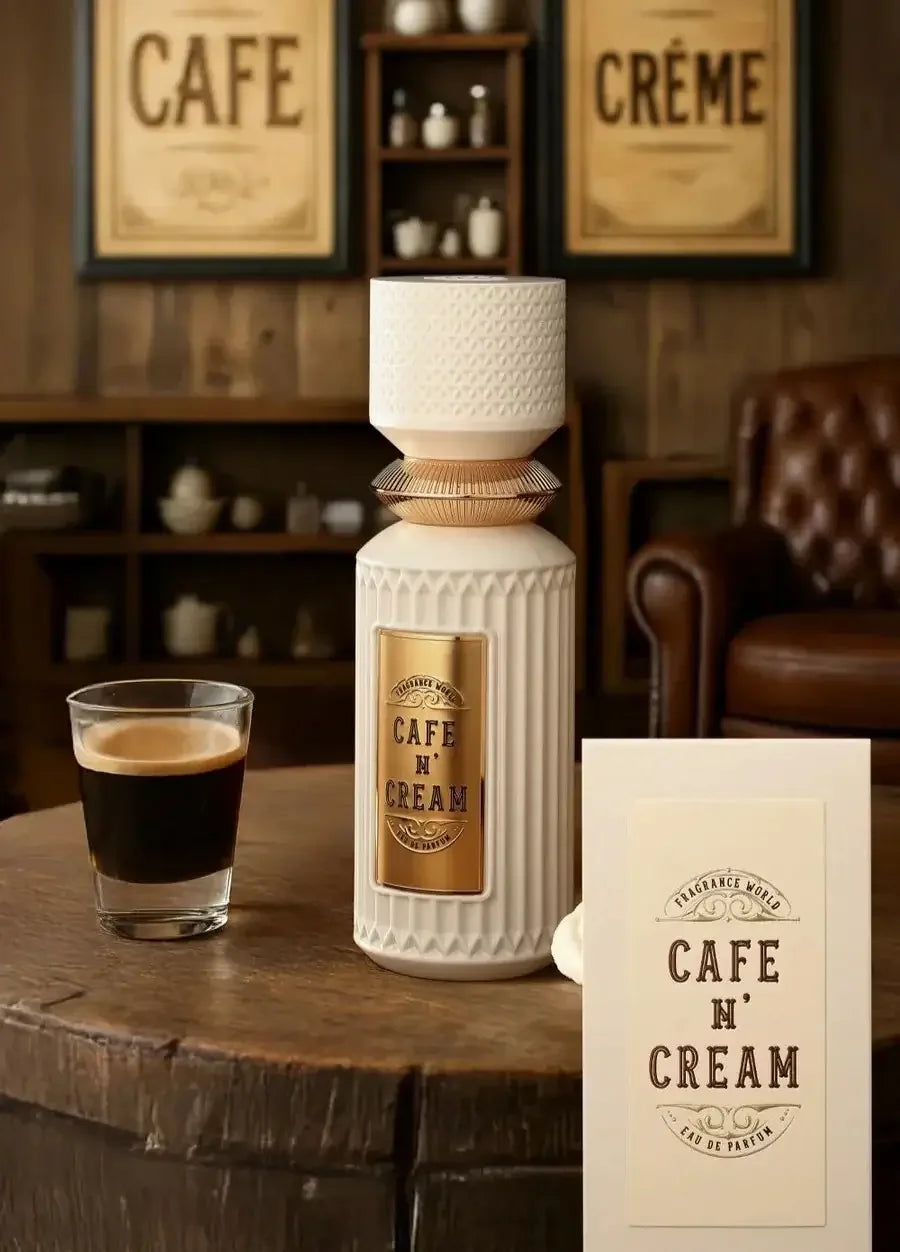 Luxusparfum Cafe N' Cream mit elegantem Flakon, Espresso und Kaffeebar im Hintergrund