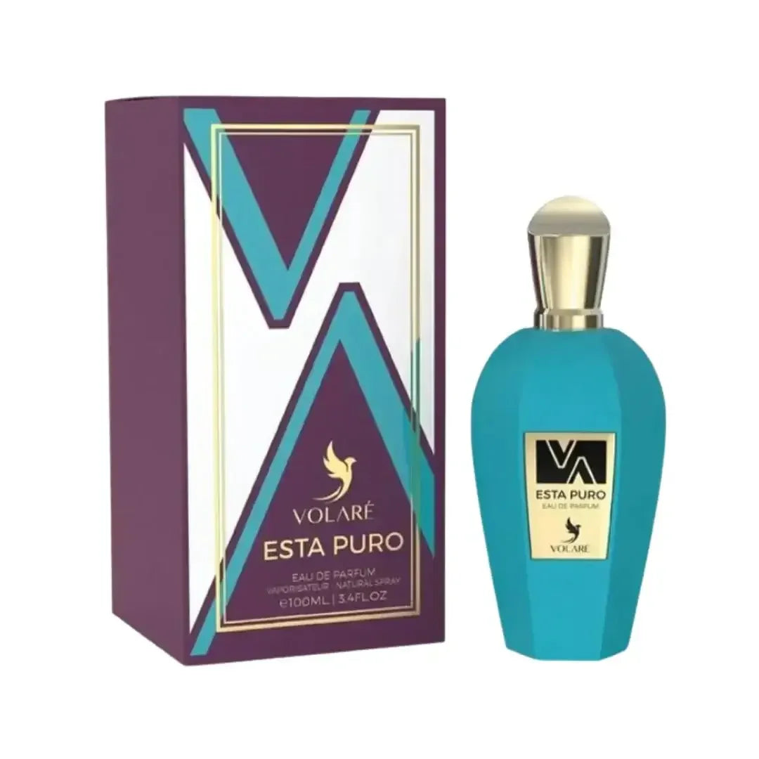 VOLA?RE ESTA PURO Eau de Parfum, türkise Flasche, goldener Verschluss, Box, 100ml