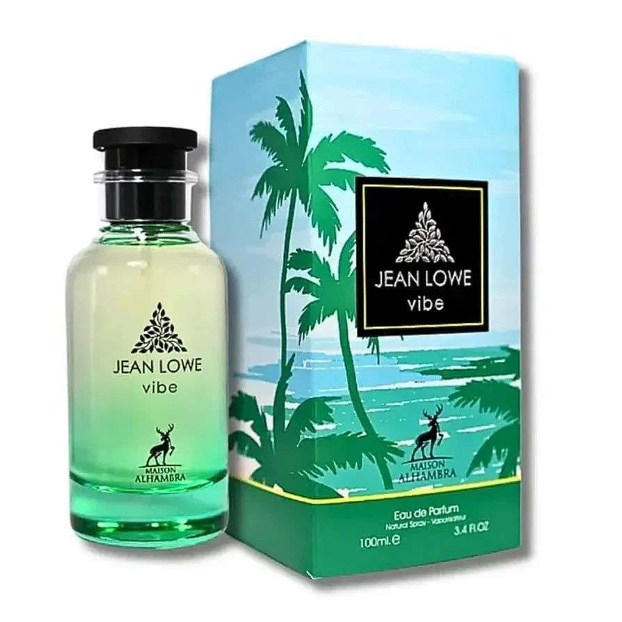 Jean Lowe Vibe Eau de Parfum 100ml Flakon neben türkisfarbener Verpackung mit Palmenmotiv