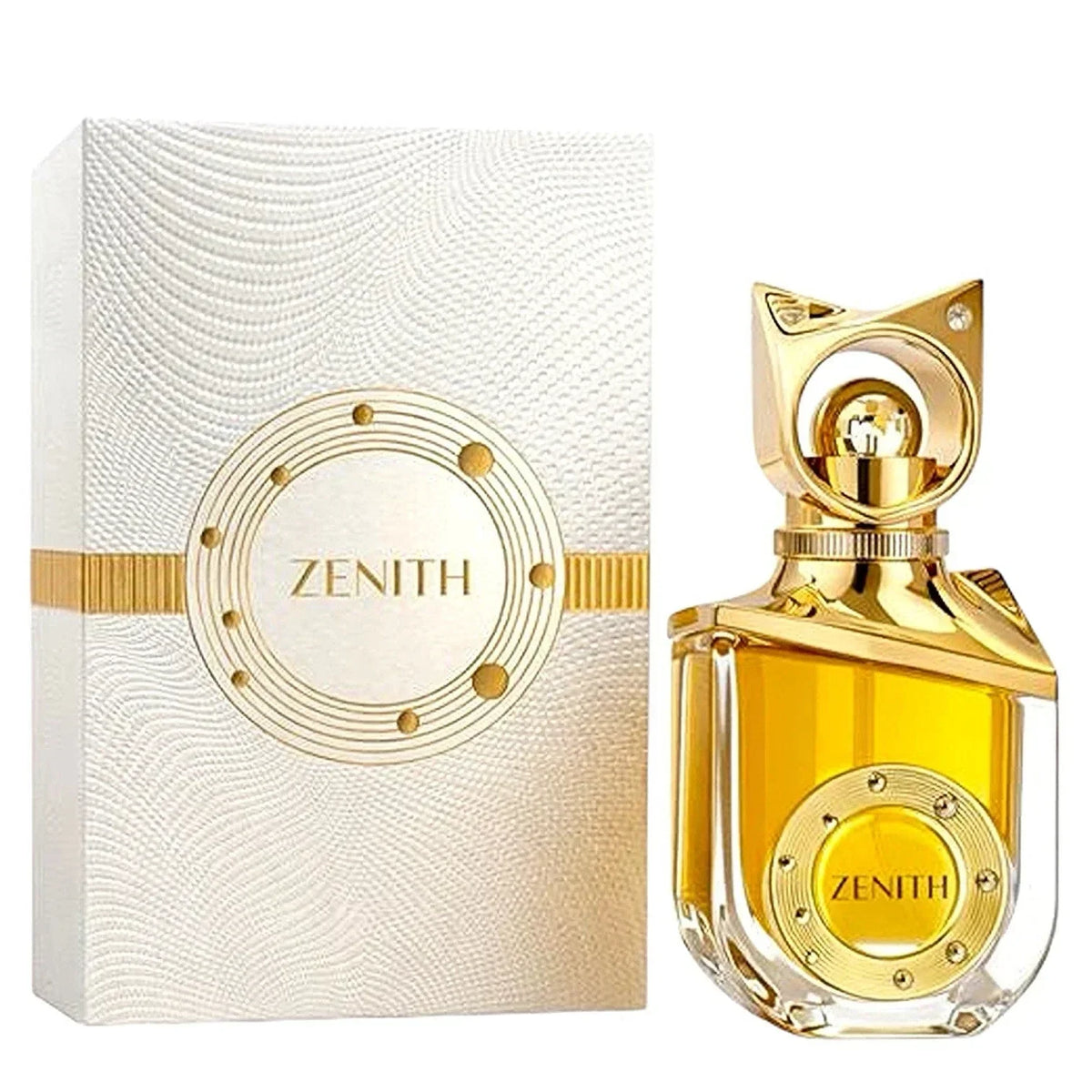 Luxusparfum Zenith in goldener Flasche neben eleganter Verpackung für Damen und Herren