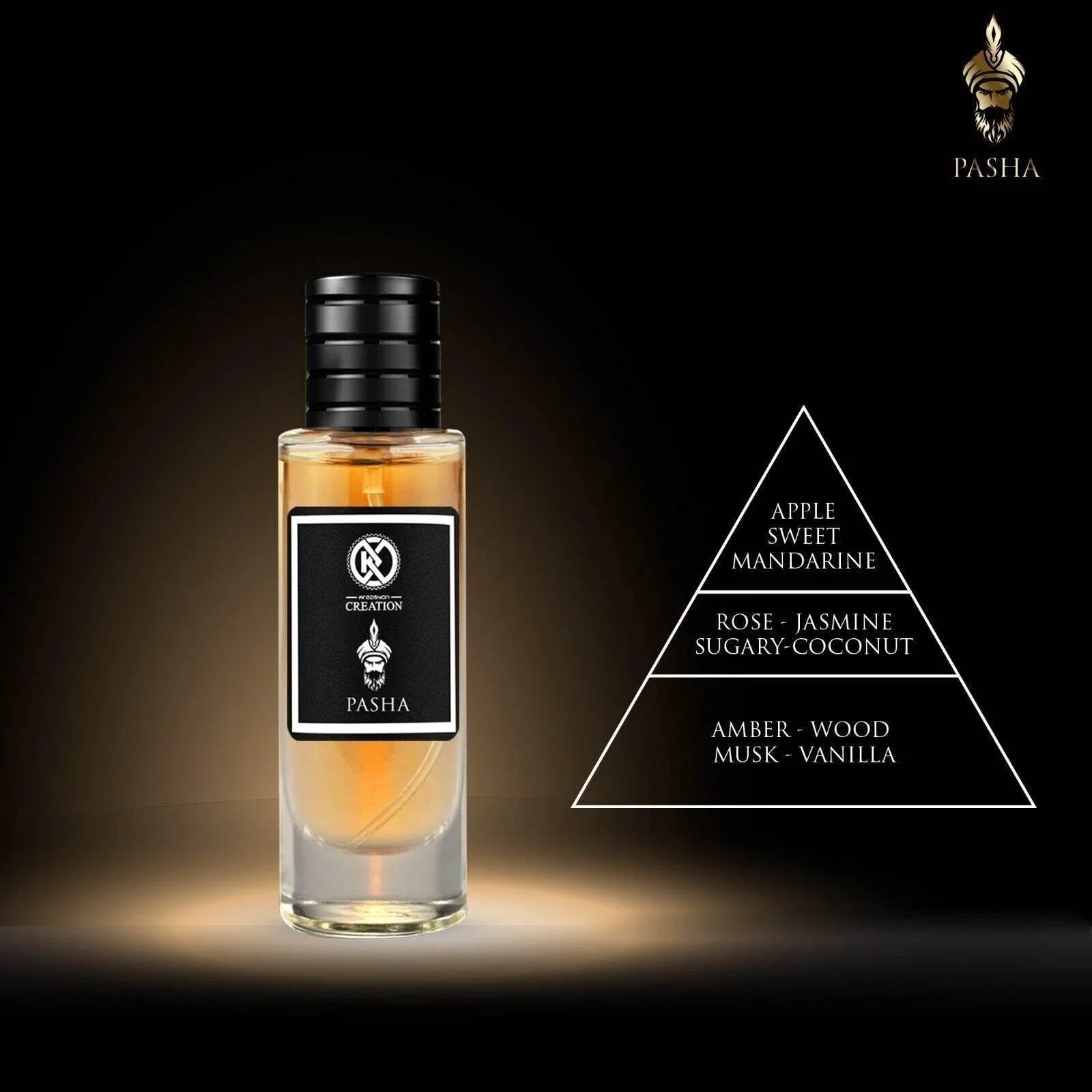Luxusparfumflakon auf schwarzem Hintergrund mit Duftnoten Apfel, Jasmin, Moschus, Vanille.
