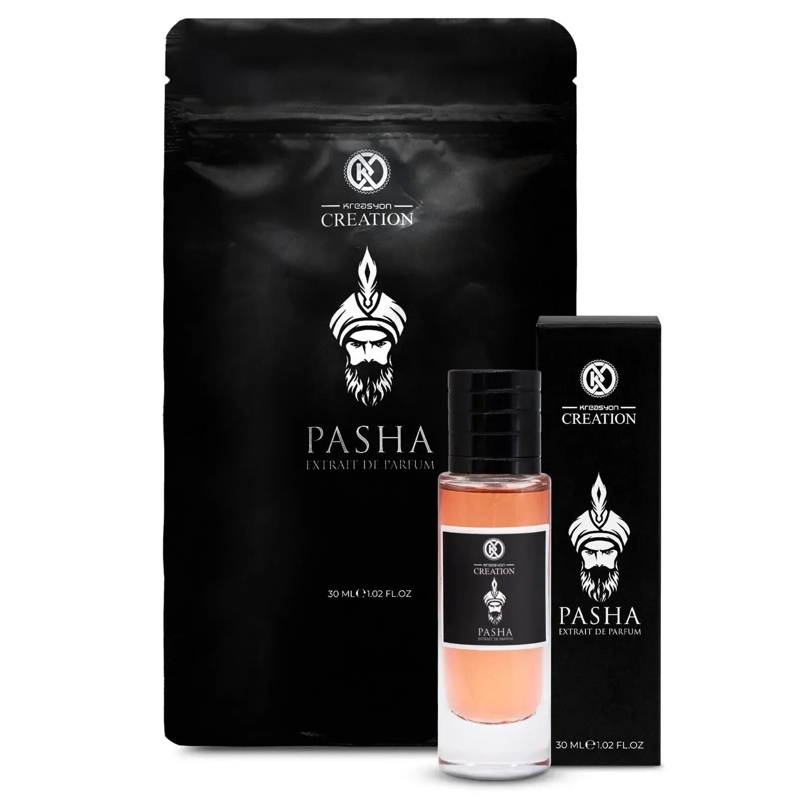 Pasha Extrait de Parfum 30ml Flakon vor schwarzer Verpackung und Box, luxuriöses Parfum