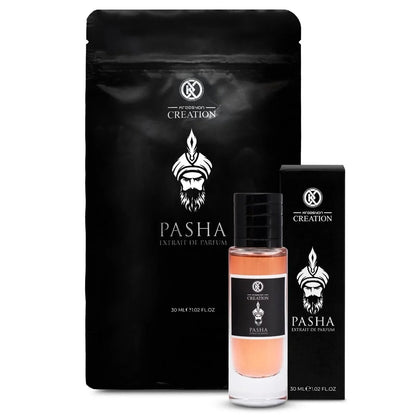 Pasha Extrait de Parfum 30ml Flakon vor schwarzer Verpackung und Box, luxuriöses Parfum