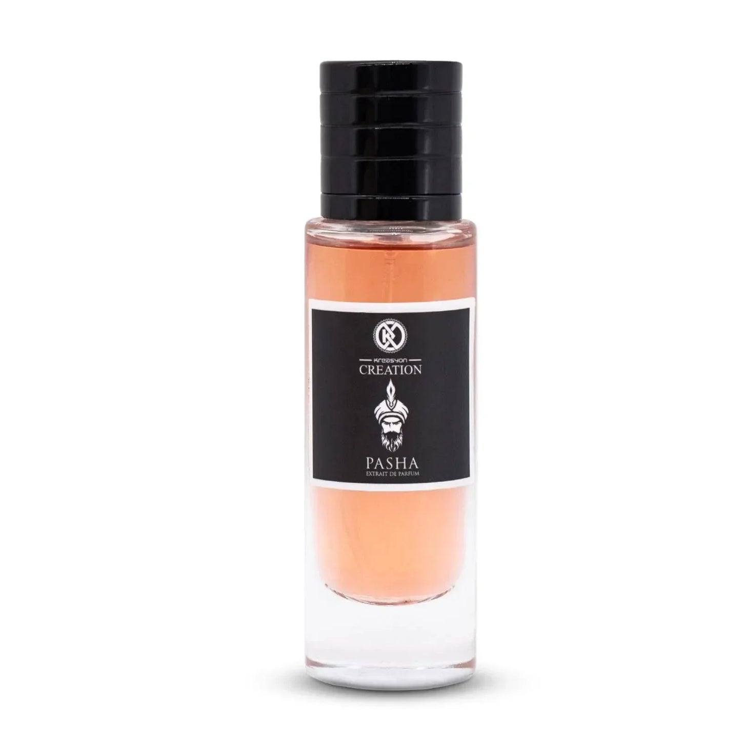 Luxuriöses Parfumflakon mit schwarzem Etikett, Pasha Extrait de Parfum, auf weißem Hintergrund.